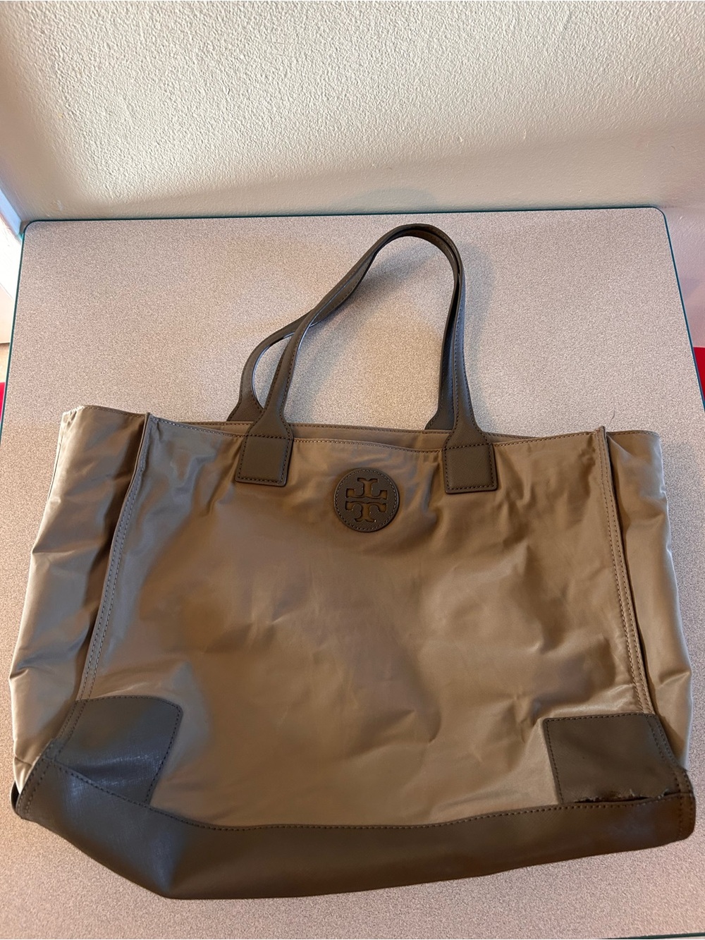 Tory Burch Olive Nylon Tote with Logo Medallion